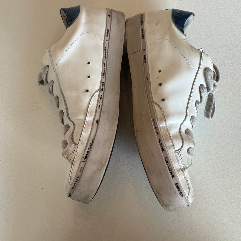 Golden Goose Hi Star Sneakers Womens EU 38 White Leather Glitter Star Blue Heel - Picture 5 of 15